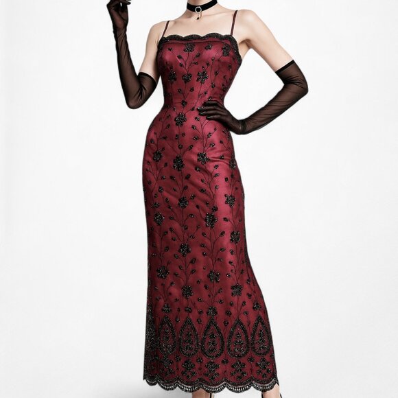 Vintage Y2K Bungundy Red Floral Beaded Sequin Mesh Bodycon Maxi Prom Dress L - Picture 1 of 11